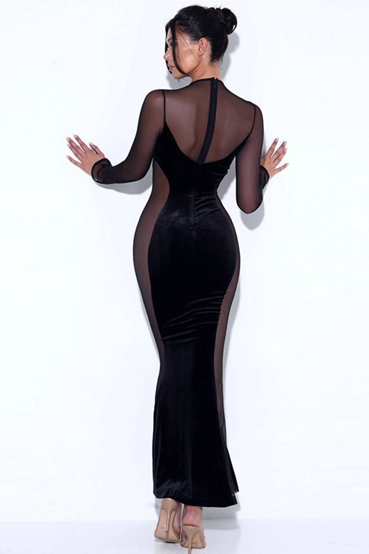 Velvet Mesh Maxi Dress with Panel Details