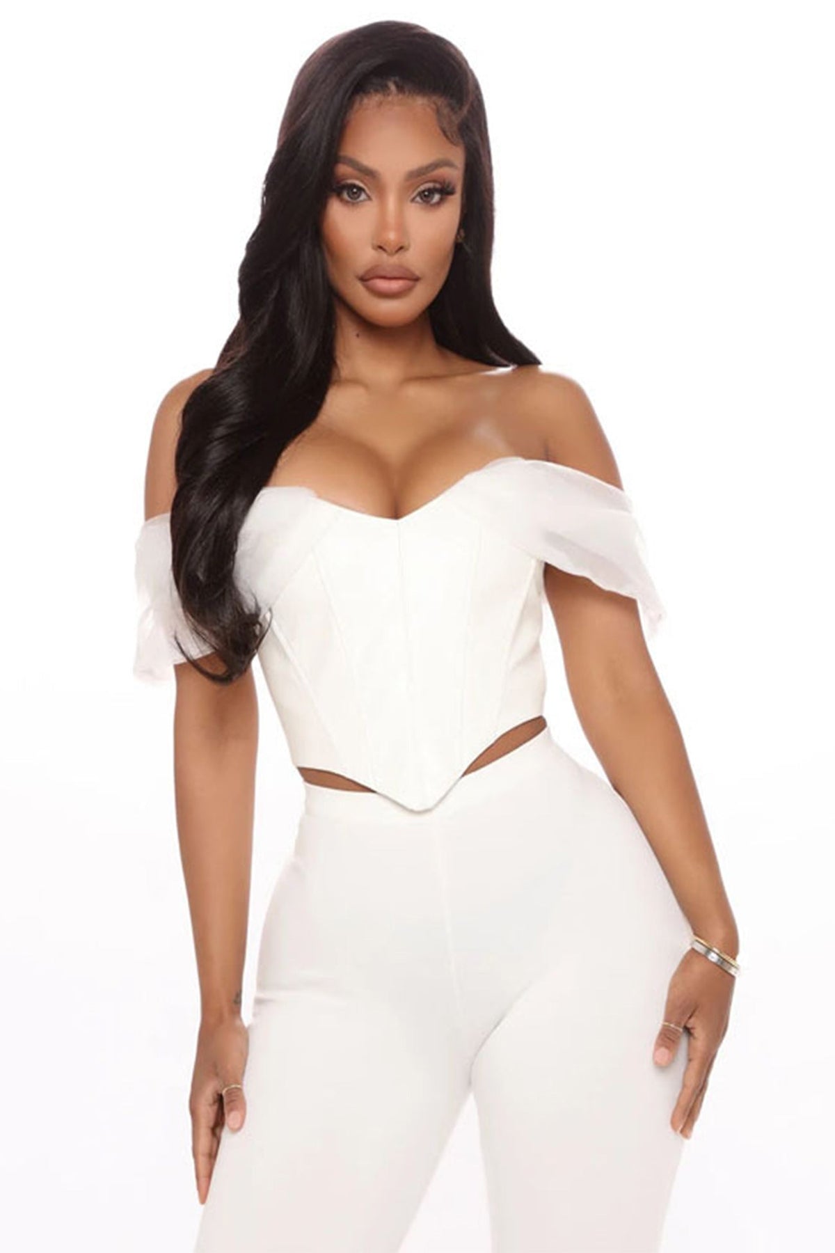 Mesh White Cropped Top with Off-Shoulder Neckline