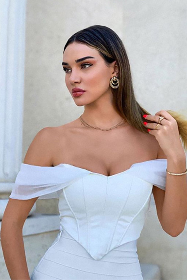 Mesh White Cropped Top with Off-Shoulder Neckline Main image