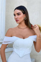 Mesh White Cropped Top with Off-Shoulder Neckline