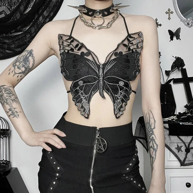 Strappy Bound Lace Butterfly Crop Top Black Main image
