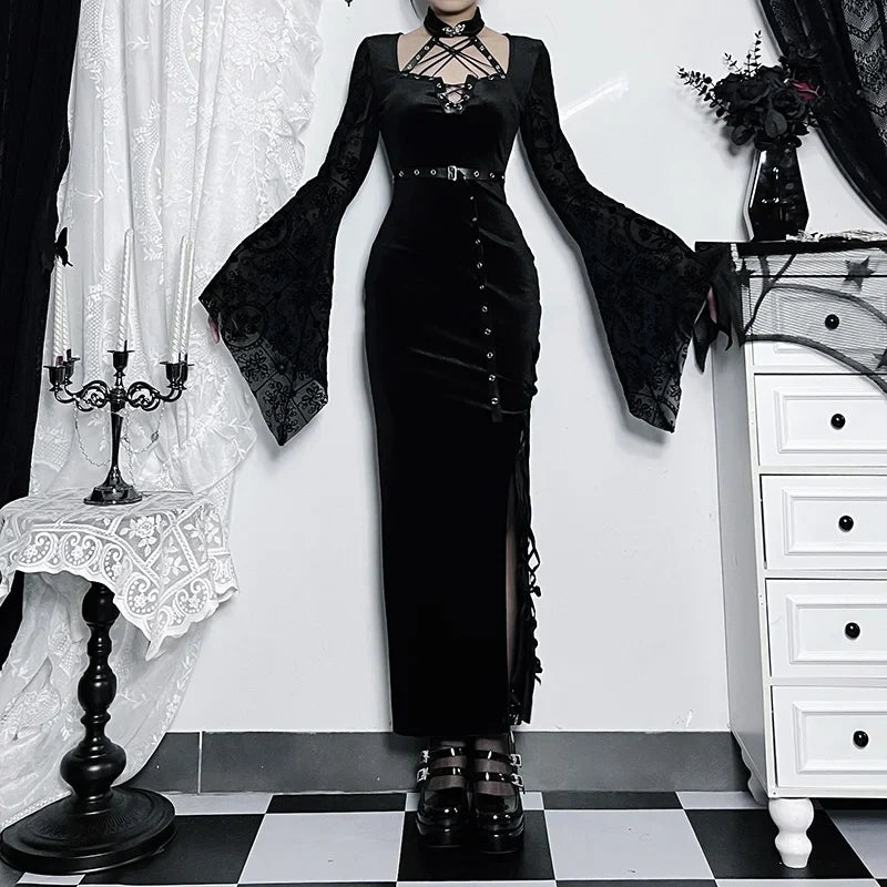 Thin Suede Separated Flared Full-Length Dress