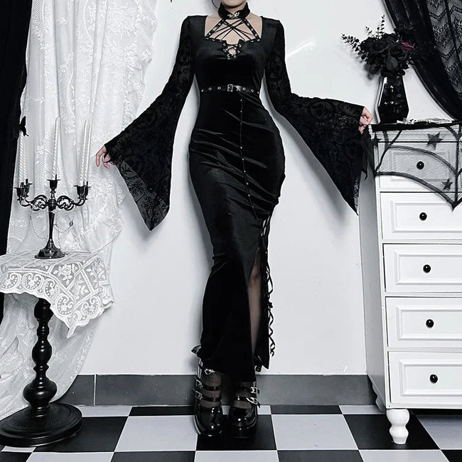 Thin Suede Separated Flared Full-Length Dress Black / S Main image