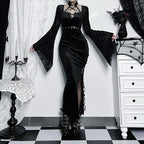 Thin Suede Separated Flared Full-Length Dress Black / S
