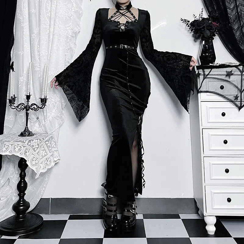 Thin Suede Separated Flared Full-Length Dress Black / S