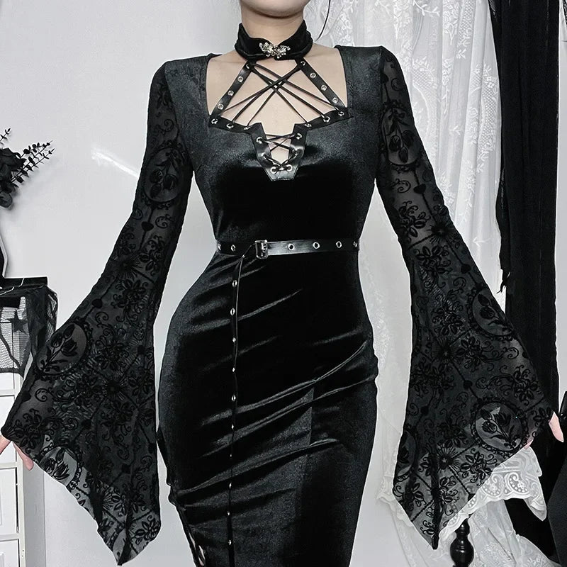 Thin Suede Separated Flared Full-Length Dress