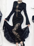 Covered Lace Cross Hollow Full-Length Dress Black / XS