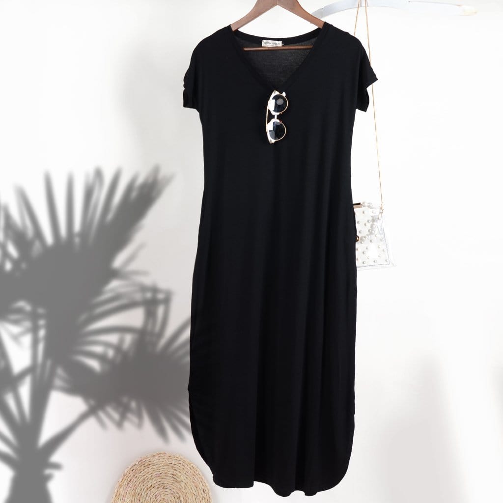 Short-Sleeve Cotton Maxi Dress with V-Neckline