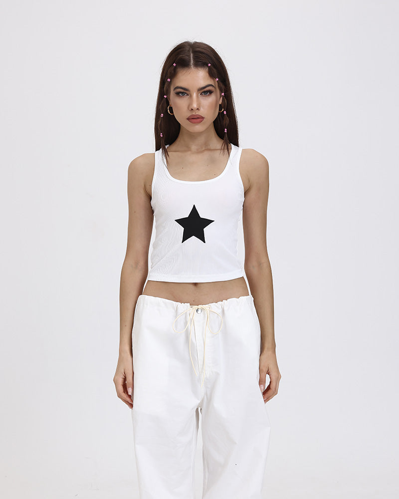 Star-Detail Stretch-Blend Cropped Tank Top with Polyester Fabric