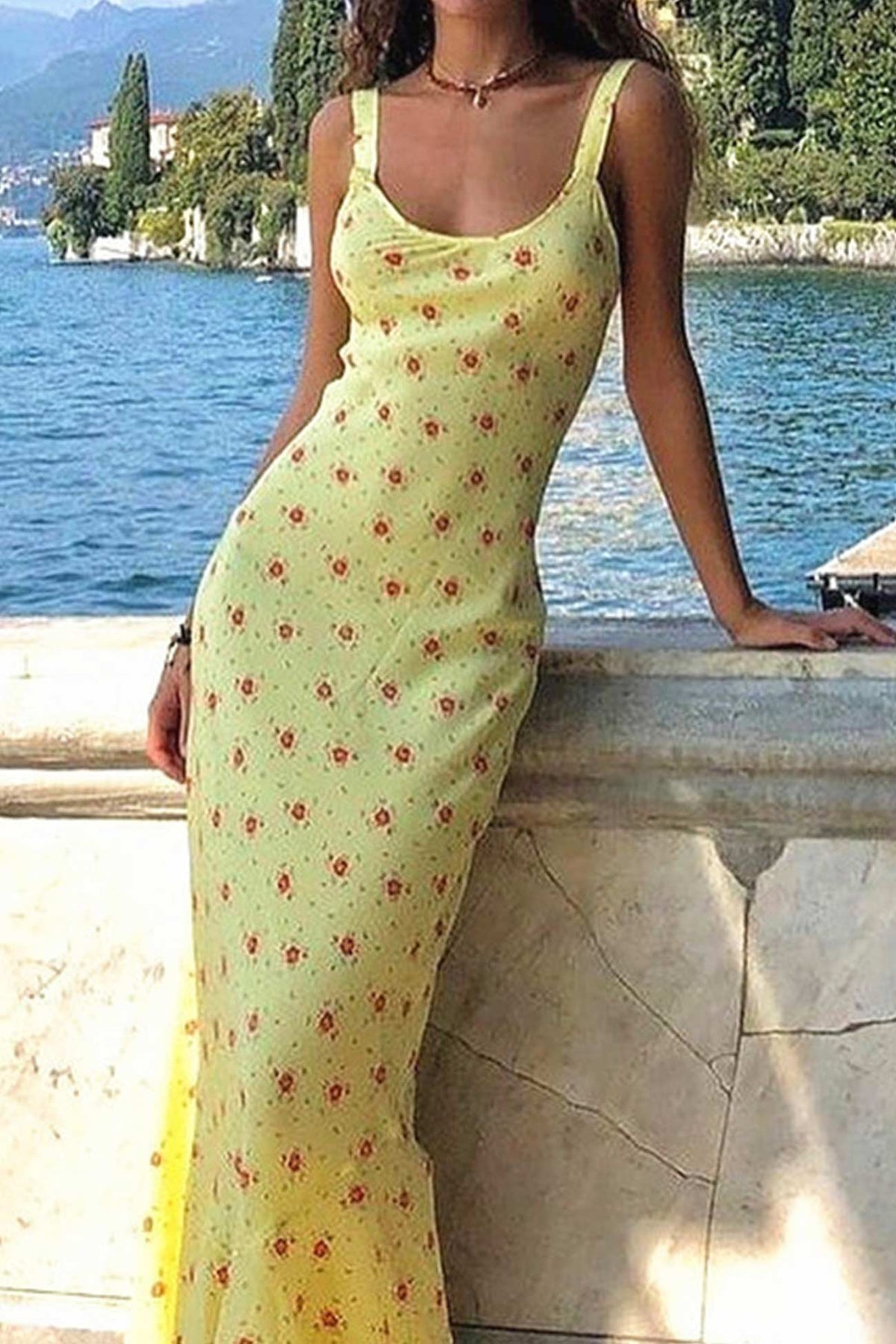 Floral Yellow Dress with Scoop Neckline