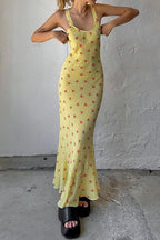 Floral Yellow Dress with Scoop Neckline