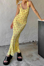 Floral Yellow Dress with Scoop Neckline