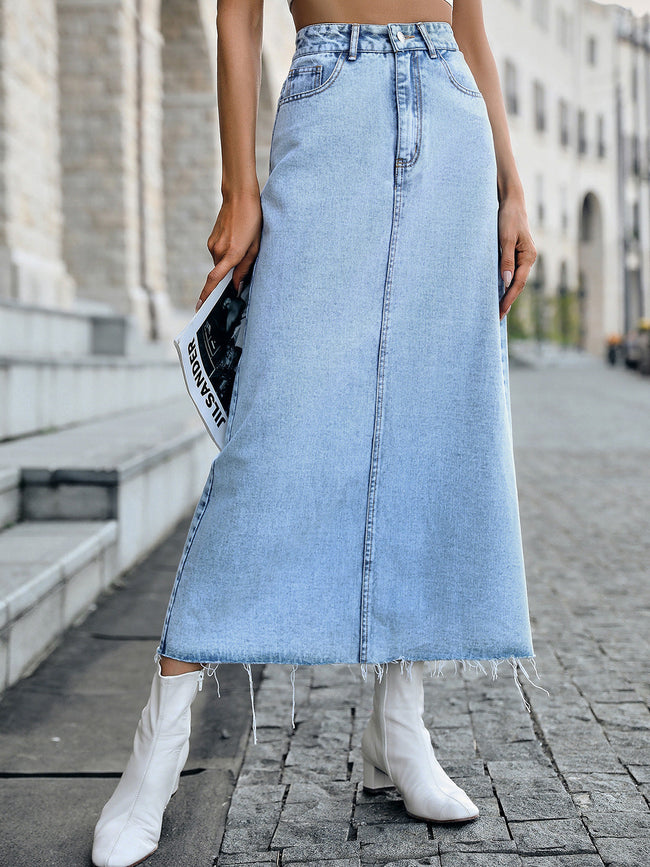 Raw Hem Midi Denim Skirt Misty Blue bottoms clothes denim skirts midi skirts Ship From Overseas Shipping Delay 09/29/2023 - 10/01/2023 skirt skirts Women's Bottoms Y@X@N@H Main image