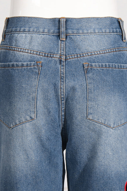 Heart-Detail High-Rise Cutout Straight-Leg Jeans