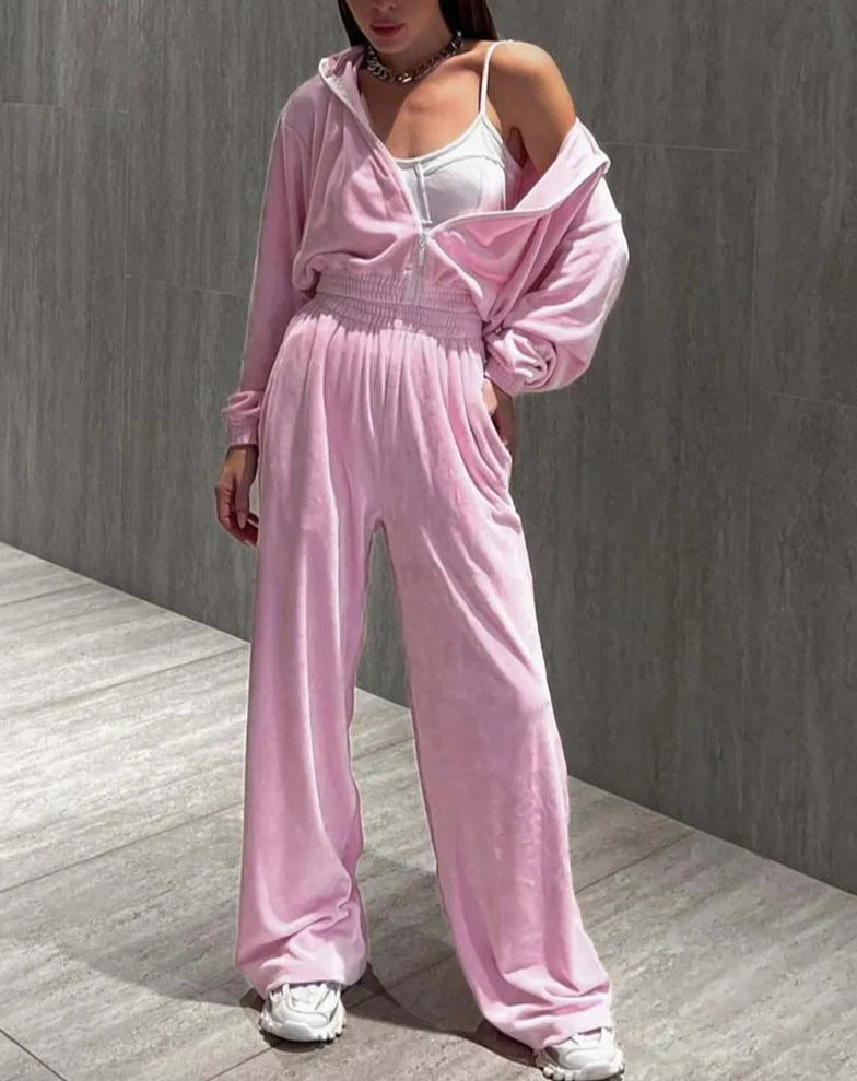 Knit Pink Two-Piece Pants Set with Zip Detail