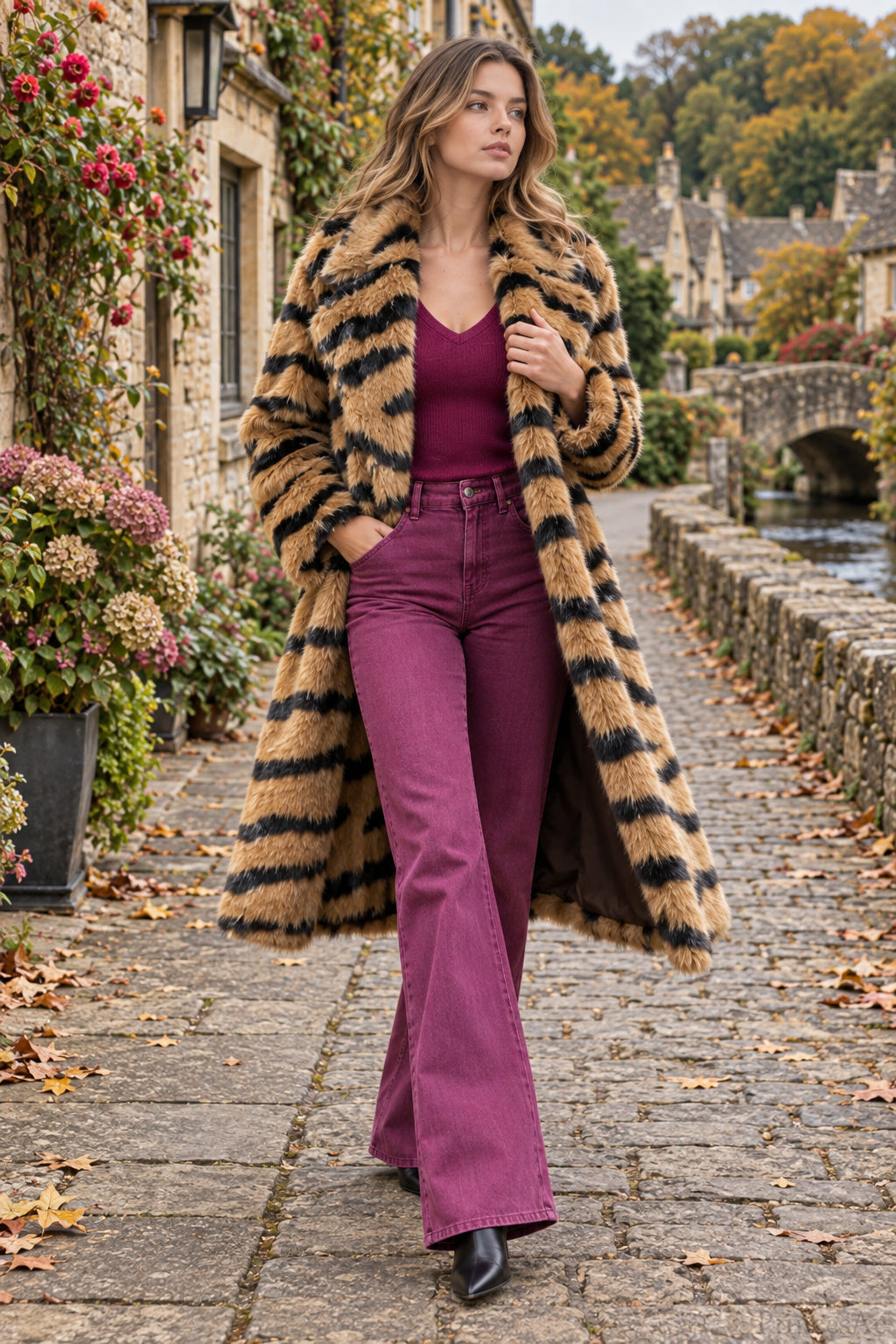 Faux Fur Tiger Striped Loose Overcoat