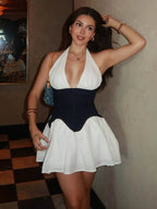 Plunging V-Neck A-Line Dress with Halter Neckline
