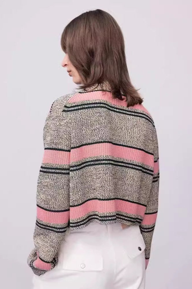 Striped Knit Sweater with V-Neckline