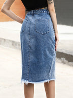 Denim Cotton Midi Skirt with Slit Detail