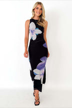 Floral Polyester Maxi Dress with Colorblock Details