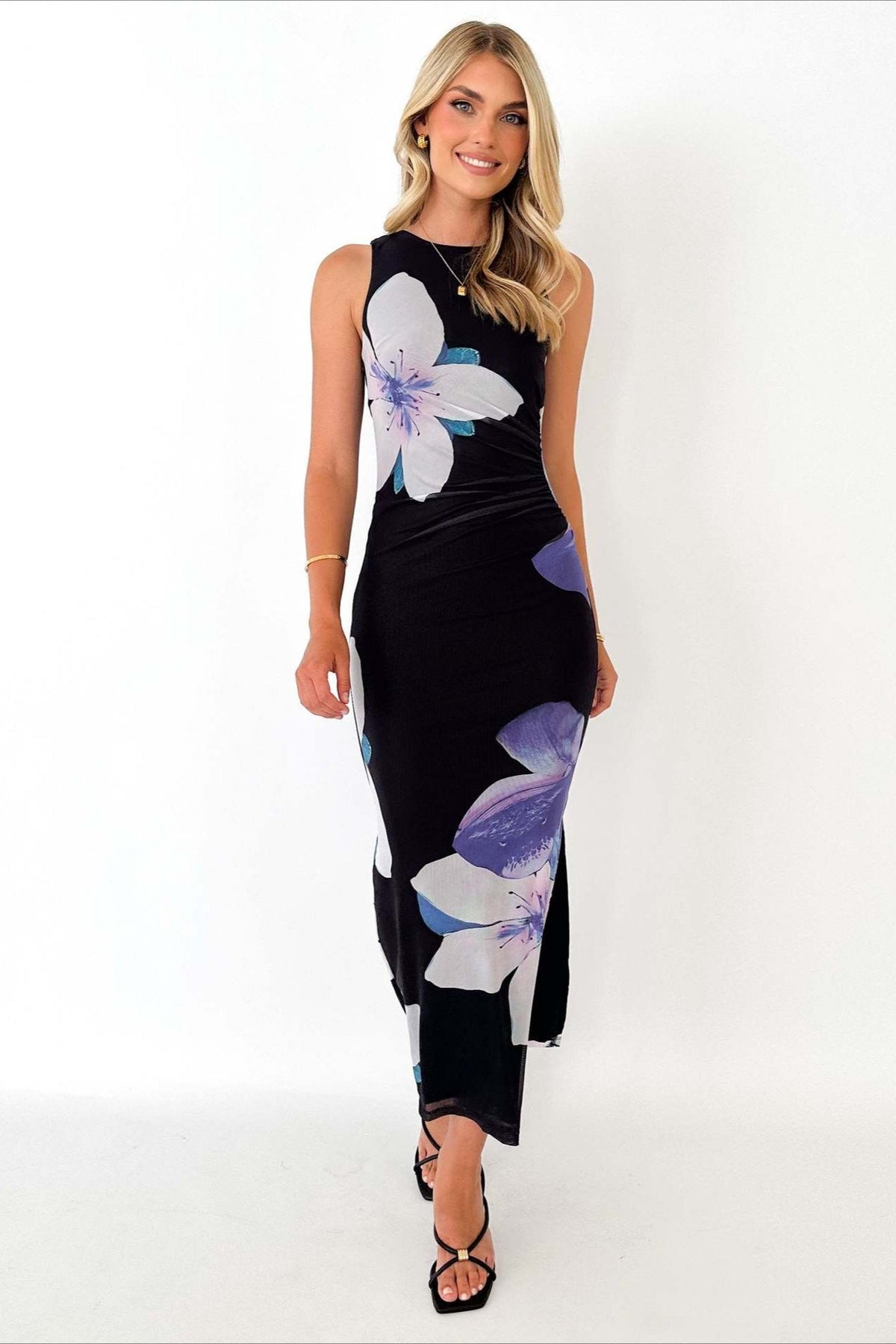 Floral Polyester Maxi Dress with Colorblock Details
