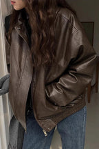 Faux-Leather Vintage-Inspired Jacket with Zip Detail