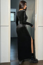 Velvet High-Rise Maxi Dress with Slit Detail