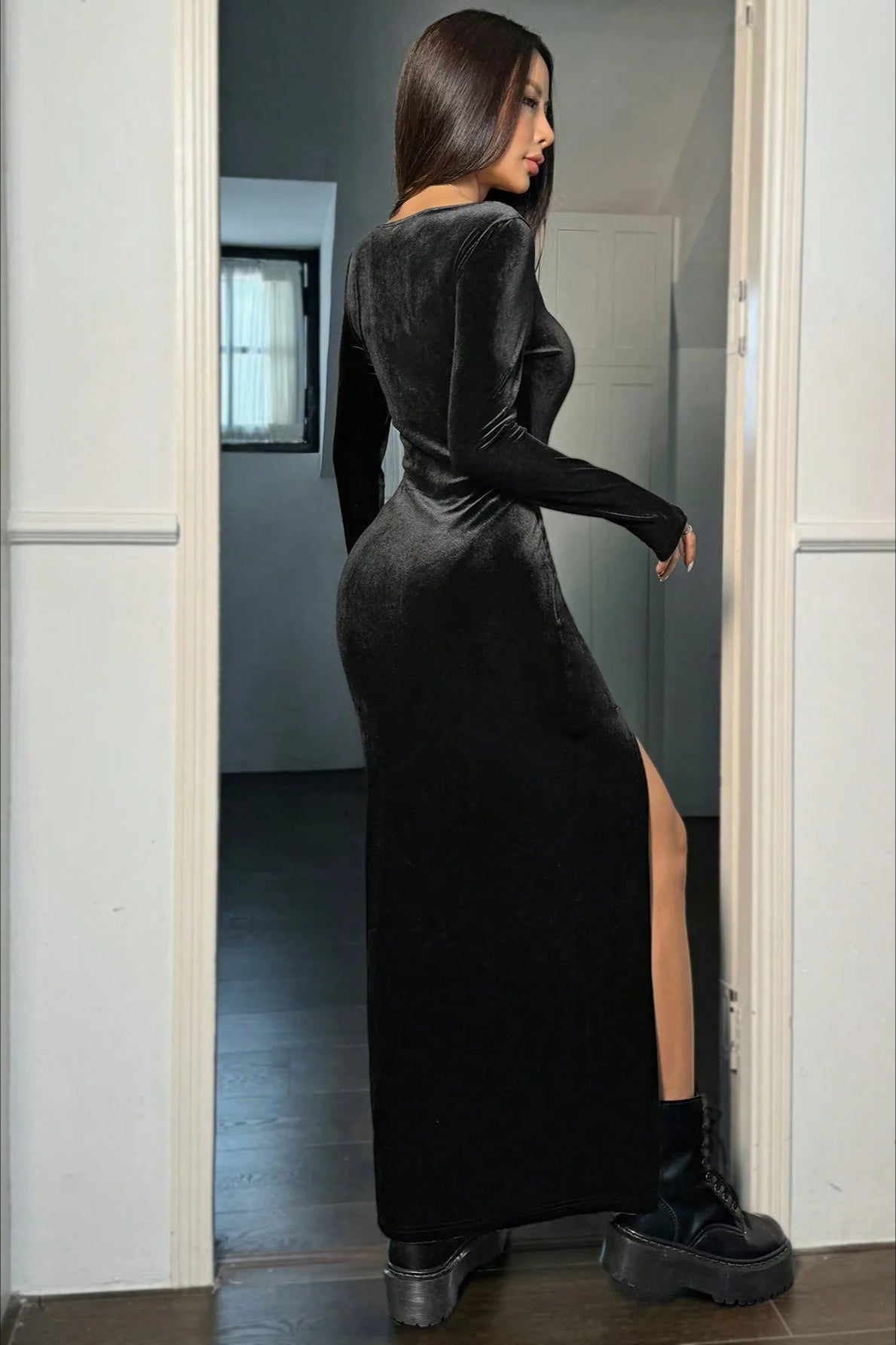 Velvet High-Rise Maxi Dress with Slit Detail