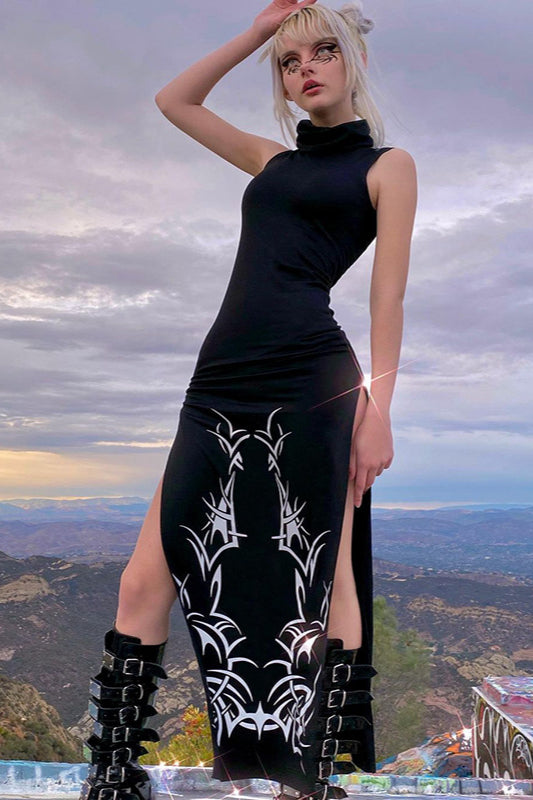 Slit-Detail Polyester Dress with Gothic Styling