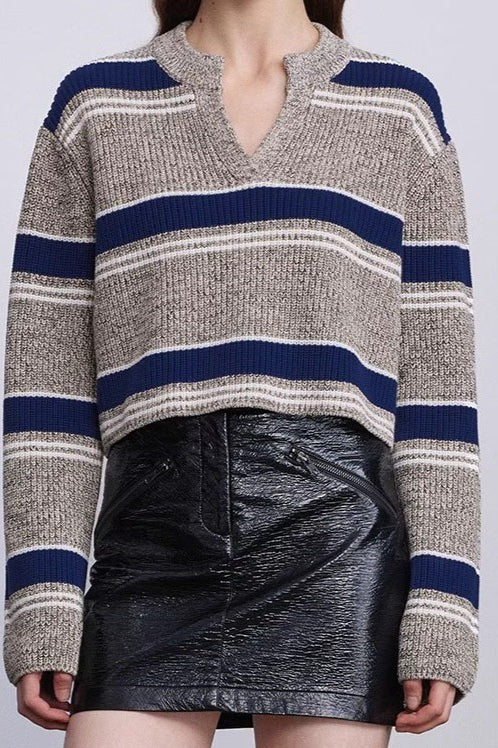 Striped Knit Sweater with V-Neckline Main image
