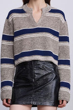 Striped Knit Sweater with V-Neckline