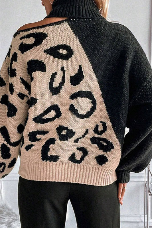 Leopard-Print Off-Shoulder Sweater with Panel Details