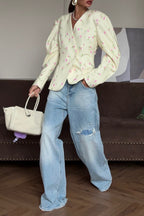 Floral Cotton Coat with V-Neckline