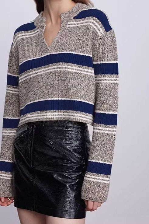 Striped Knit Sweater with V-Neckline