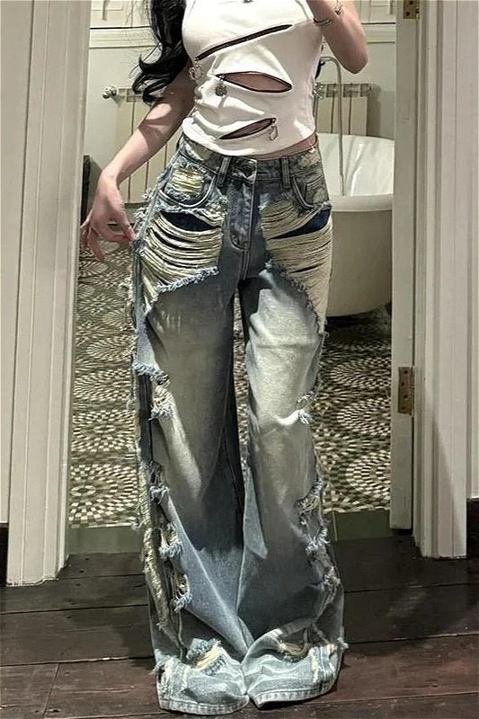 High-Rise Light-Blue Wide-Leg Jeans with Distressed Details Main image