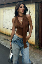 Draped Cinched Strap-Detail Cropped Top