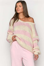 Striped Knit Sweater with Off-Shoulder Neckline
