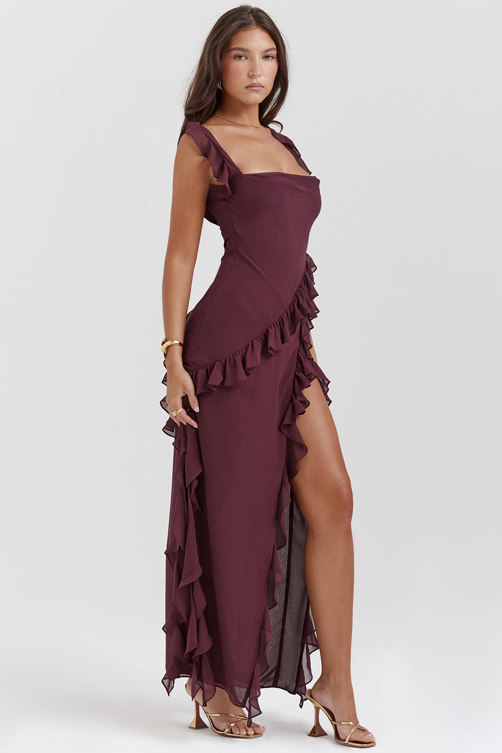 Ruffled Dress with Slit Detail