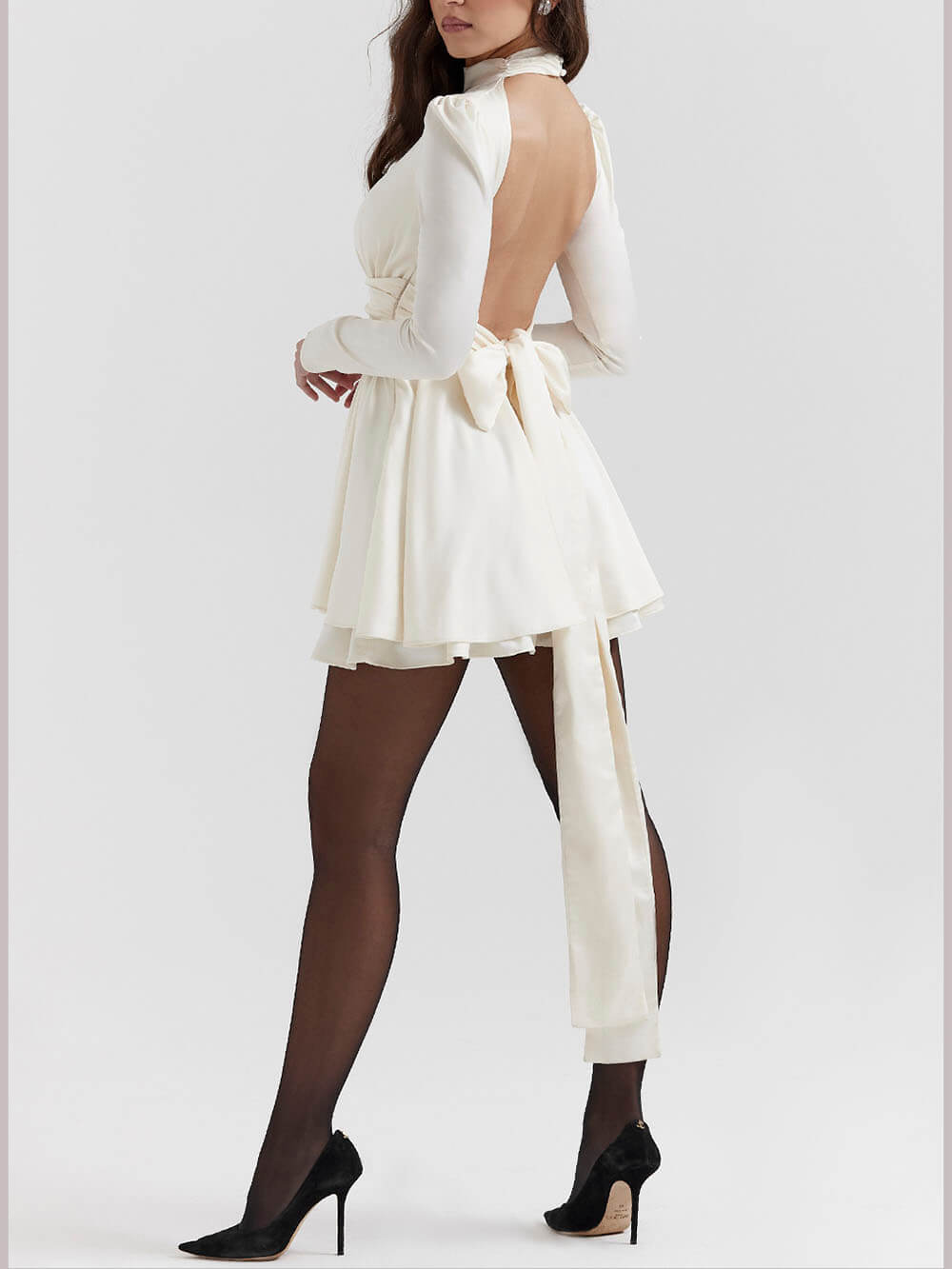 Bow-Detail Mini Dress in Ivory