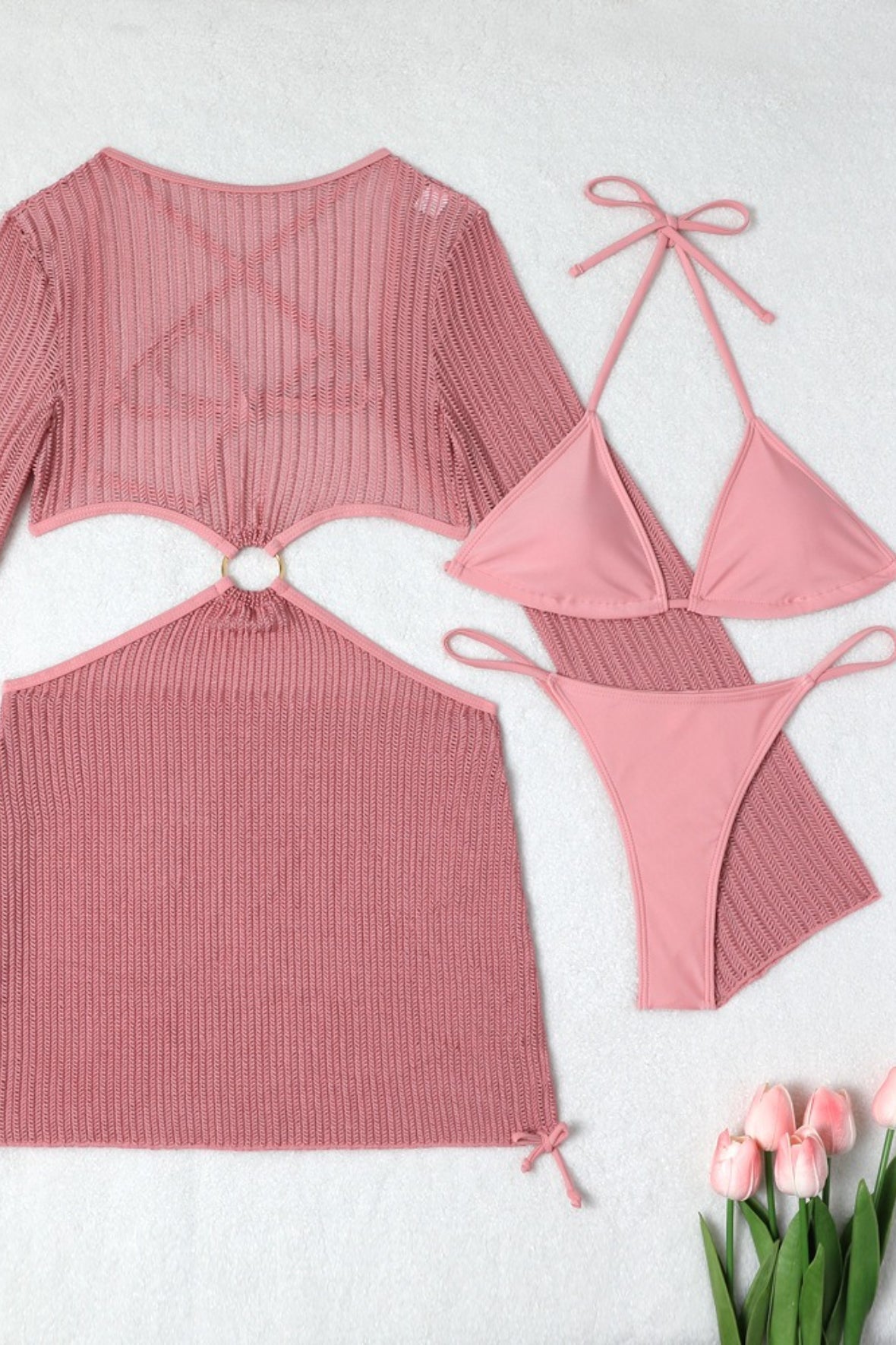 Mesh Three-Piece Swim Set with Cutout Details