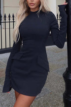 Mock-Neck Solid-Color Dress with Flared Sleeves