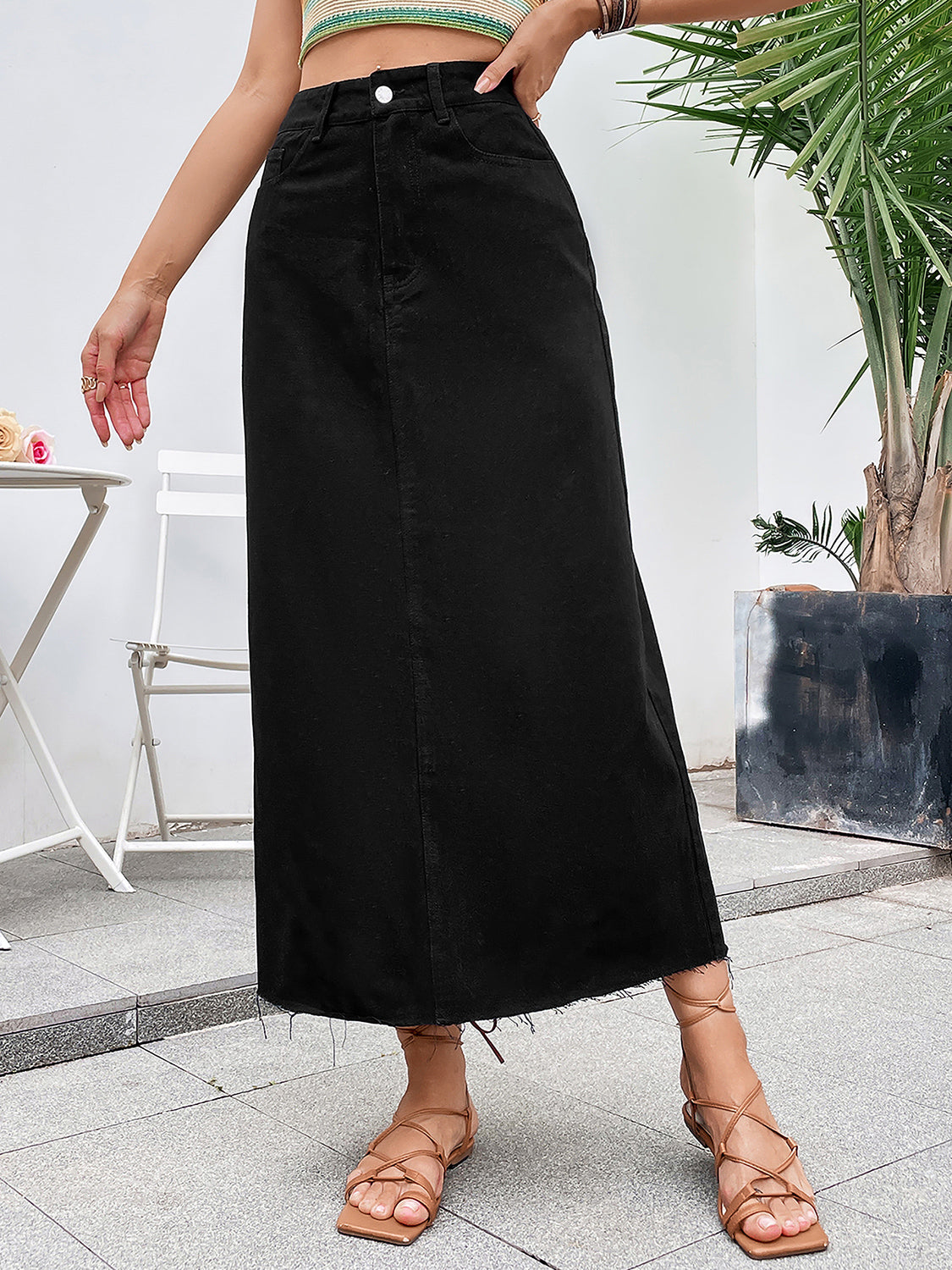 Denim Midi Skirt with Raw Hem