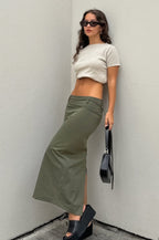 Green High-Rise Straight-Leg Midi Skirt