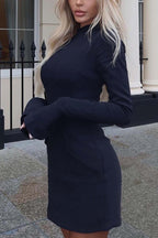 Mock-Neck Solid-Color Dress with Flared Sleeves
