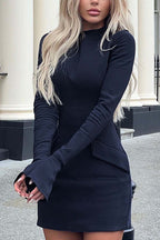Mock-Neck Solid-Color Dress with Flared Sleeves