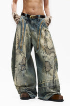 Stitch-Detail Distressed Barrel-Leg Jeans with Embroidery