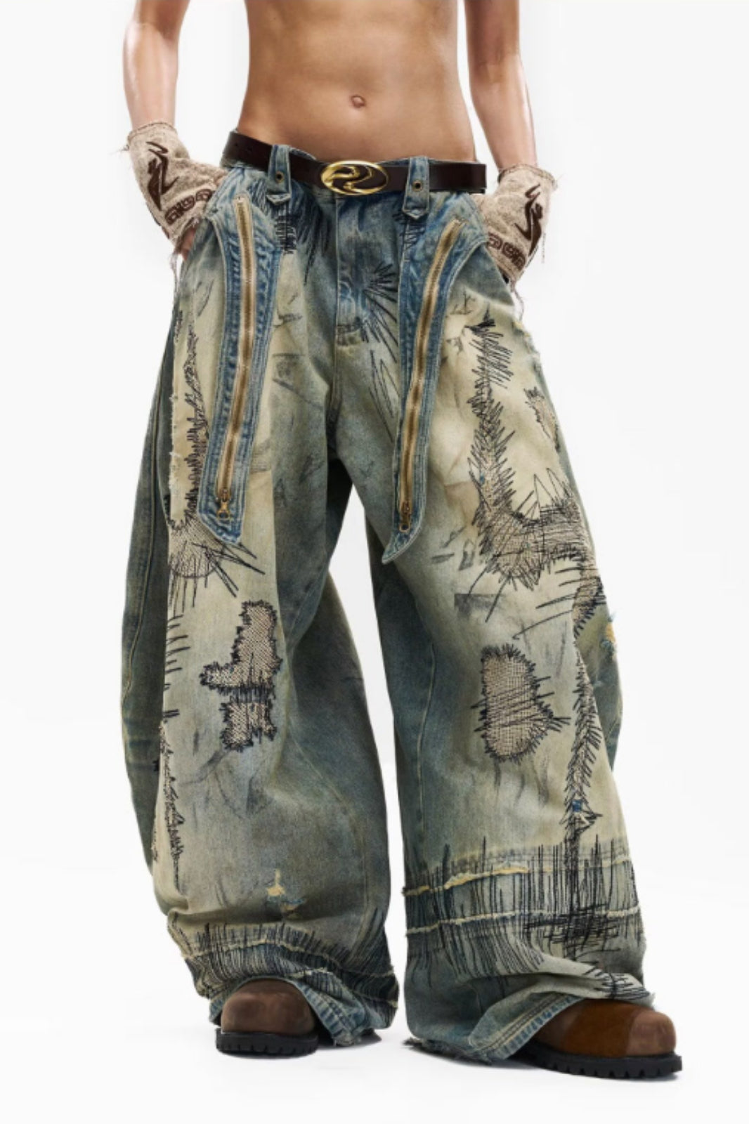Stitch-Detail Distressed Barrel-Leg Jeans with Embroidery