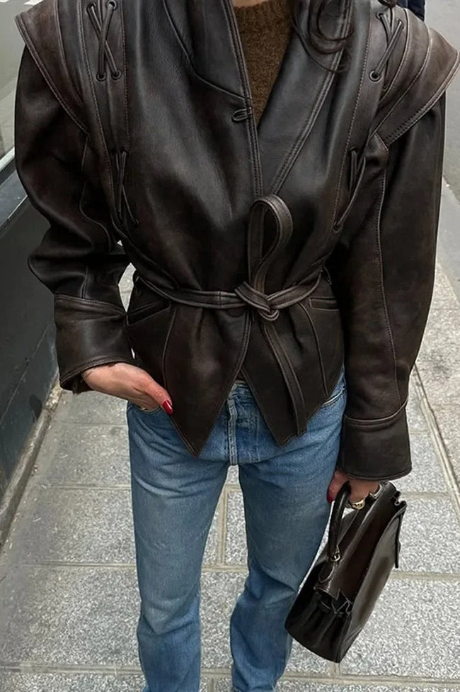 Faux-Leather Vintage-Inspired Jacket with V-Neckline Main image