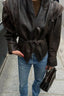 Faux-Leather Vintage-Inspired Jacket with V-Neckline