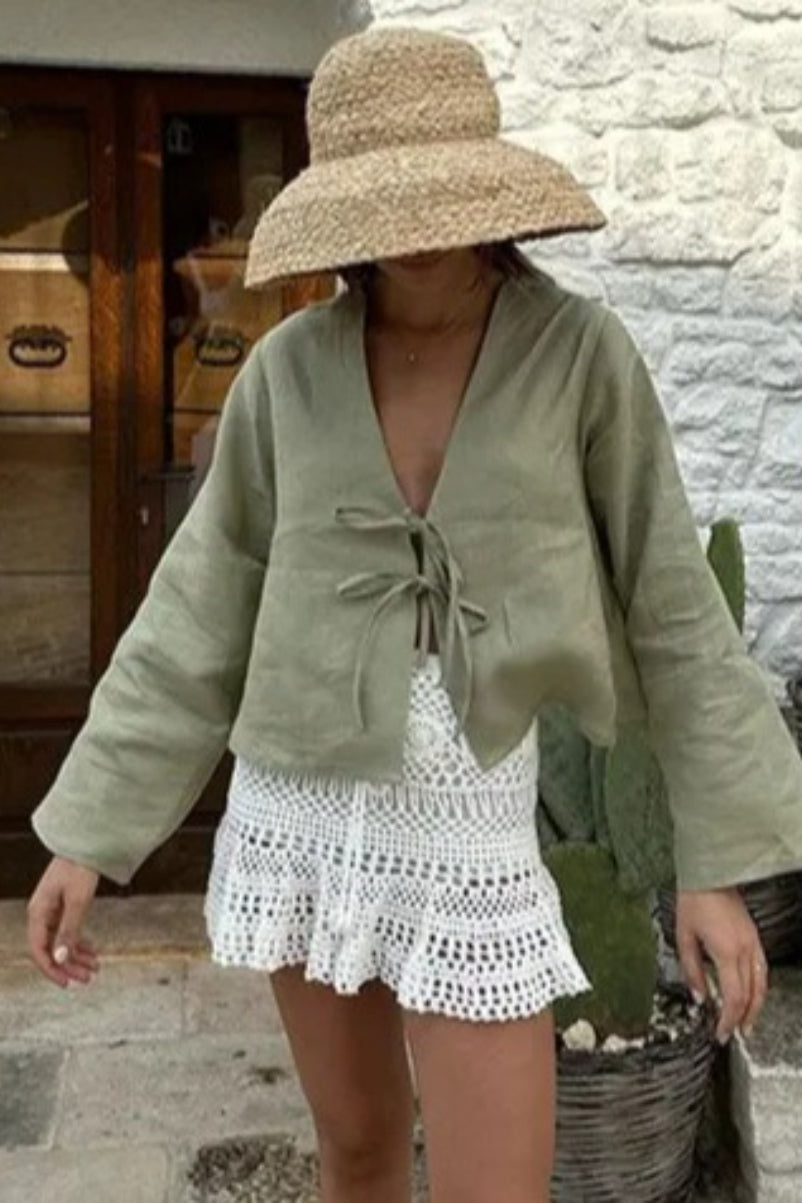 Plunging V-Neck Cotton Blouse with Flared Sleeves